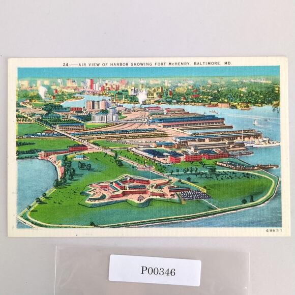 Fort McHenry Baltimore Maryland Vintage Linen Postcard 1940s Air View Unposted - Picture 1 of 2